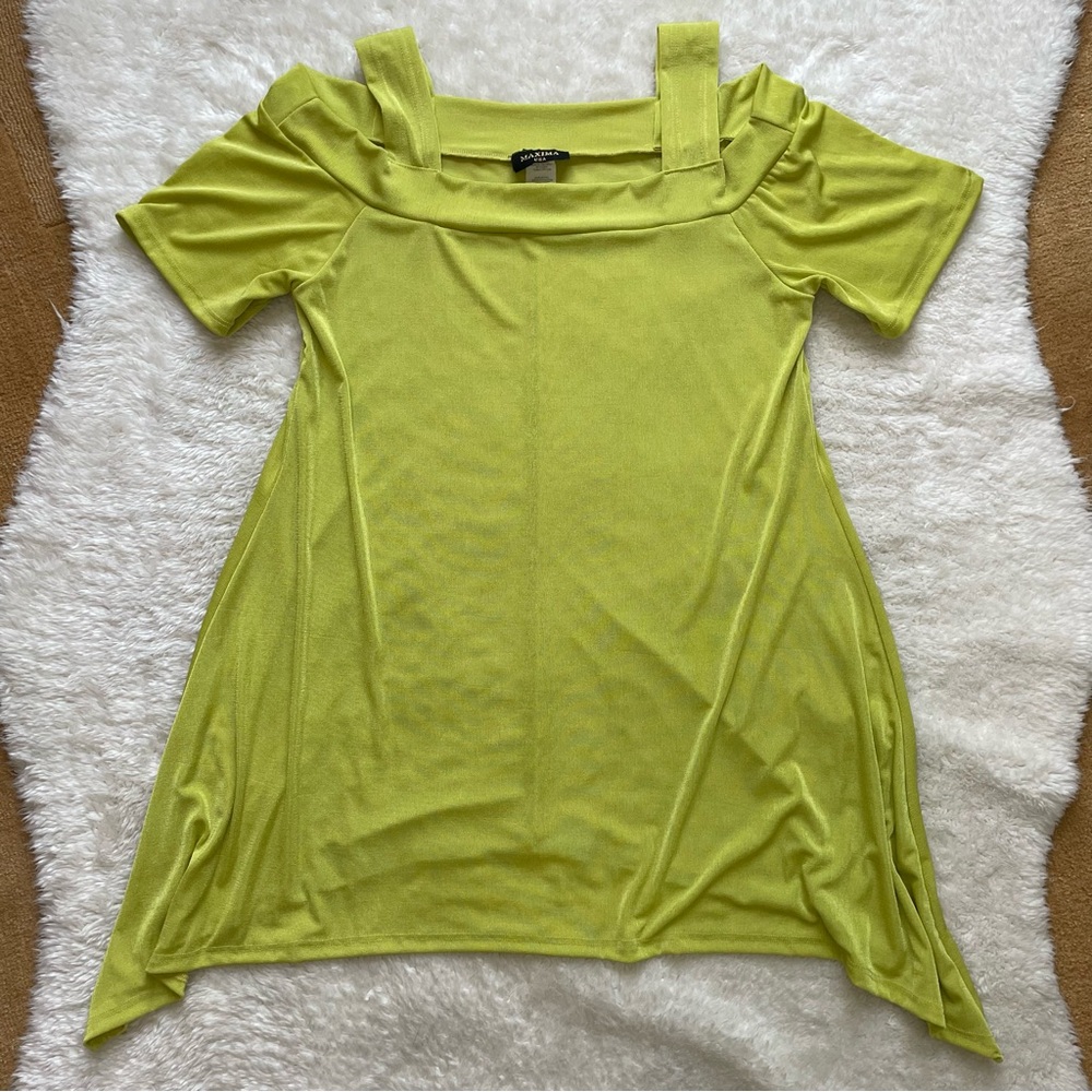 Maxima neon green cold shoulder slinky flowy tunic top